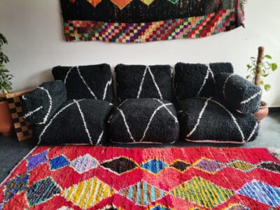 Black beni rug handmade Moroccan floor cuchion